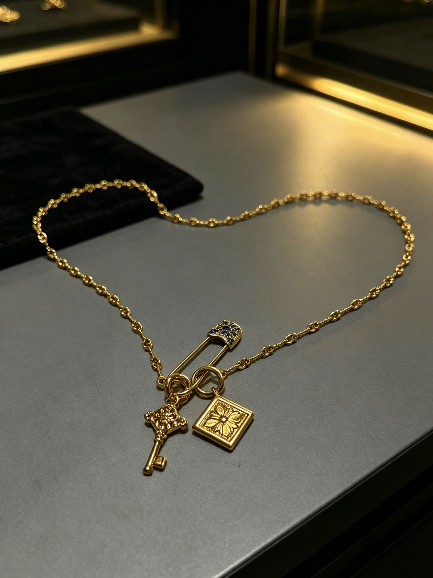 Chrome Hearts Gold-Plated Necklace with Key and Square Charm